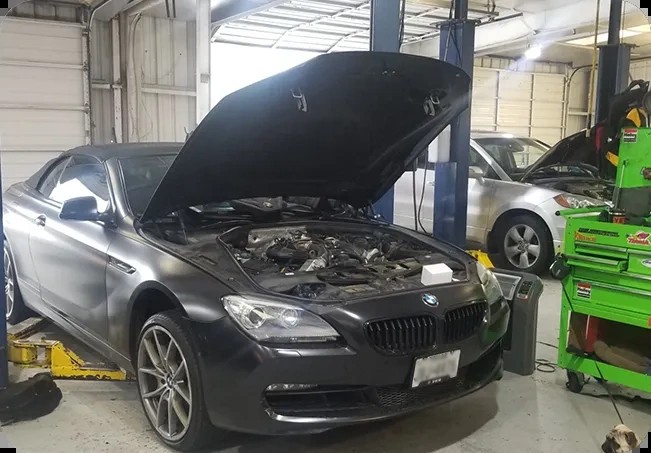 A European vehicle up on the lift at Dearing Automotive